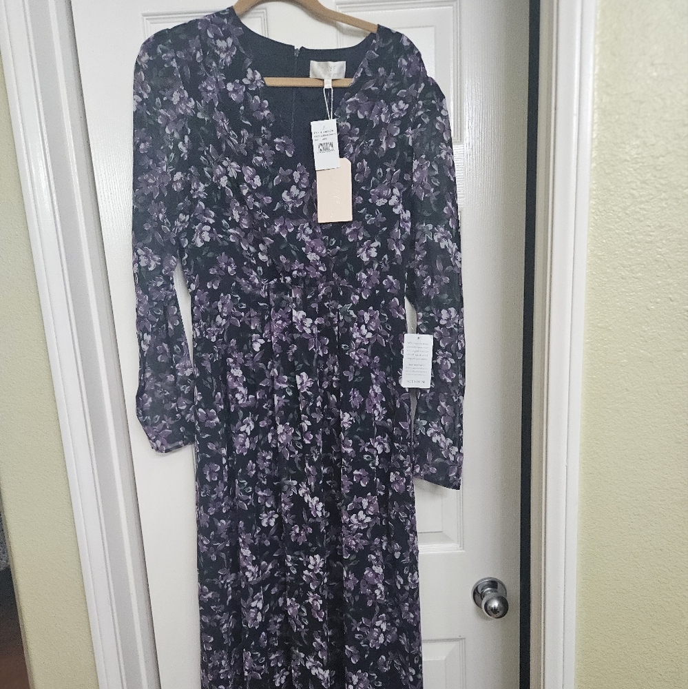 Wayf Blue Long Sleeve V-Neck Formal Dress